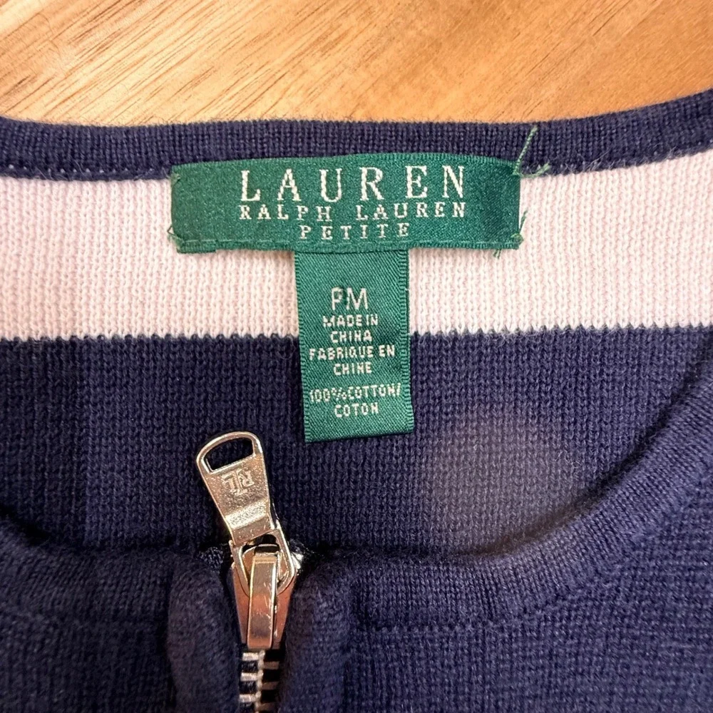 Ralph Lauren Navy White Stripe Zip Up Cardigan Sweater Womens PM Nautical Preppy